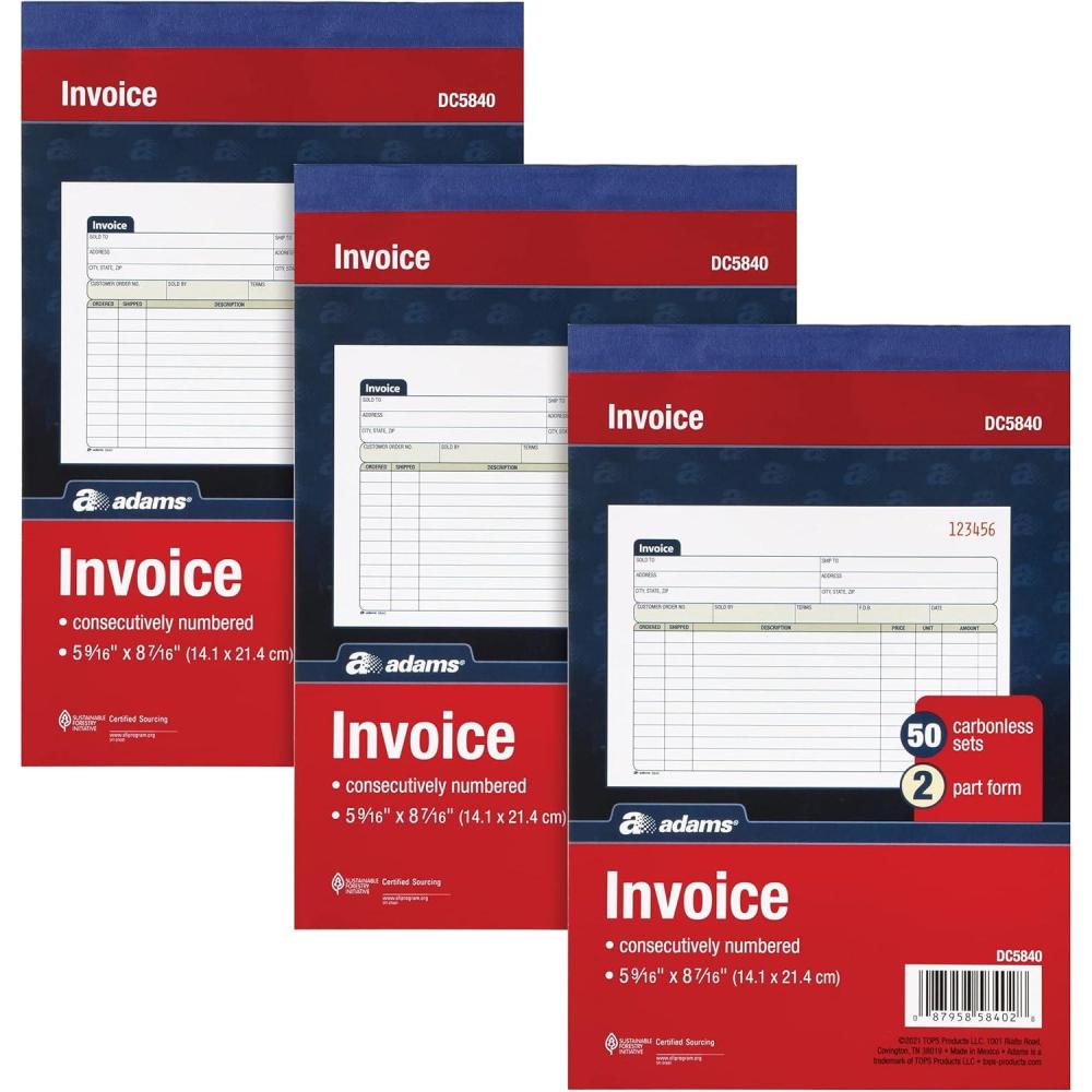 imageAdams Invoice Book 3 Pack 2 Part Carbonless Invoices Horizontal Sales Slip 5916 x 8716 Inches 50 Sets per Book DC58403