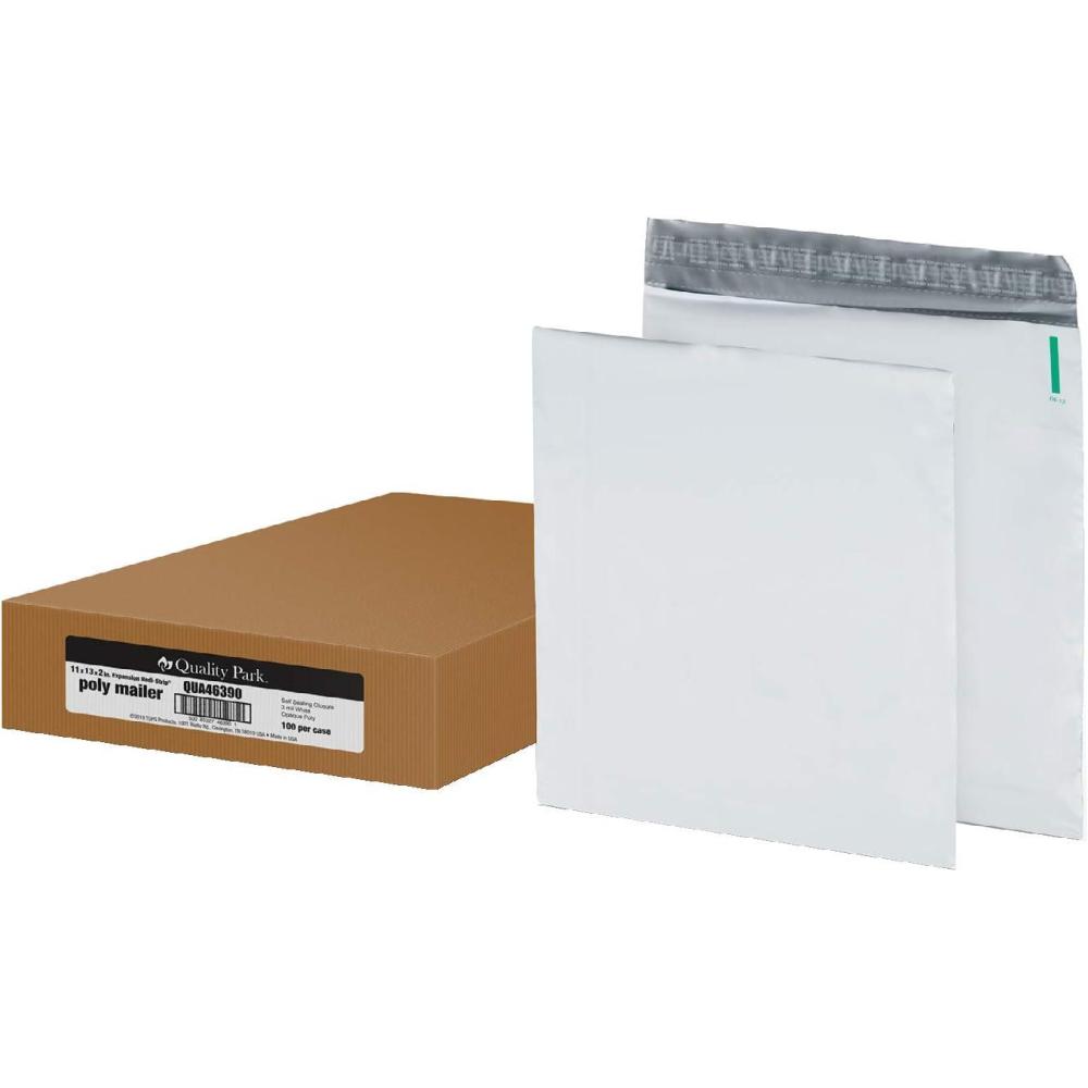 imageQuality Park 11 x 13 Poly Shipping Mailers 2quot Expansion RediStrip Self Sealing WaterResistant Tamper Evident Recycled White 100 per Box QUA46390
