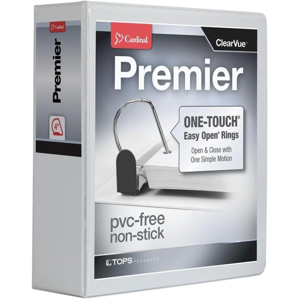 imageCardinal 3 Ring Binder Binders for School and Office Durable 4 Inch Premier Easy Open Binder ONETouch Locking SlantD Rings 880Sheet Capacity ClearVue Cover PVCFree White 10340CB4Inch