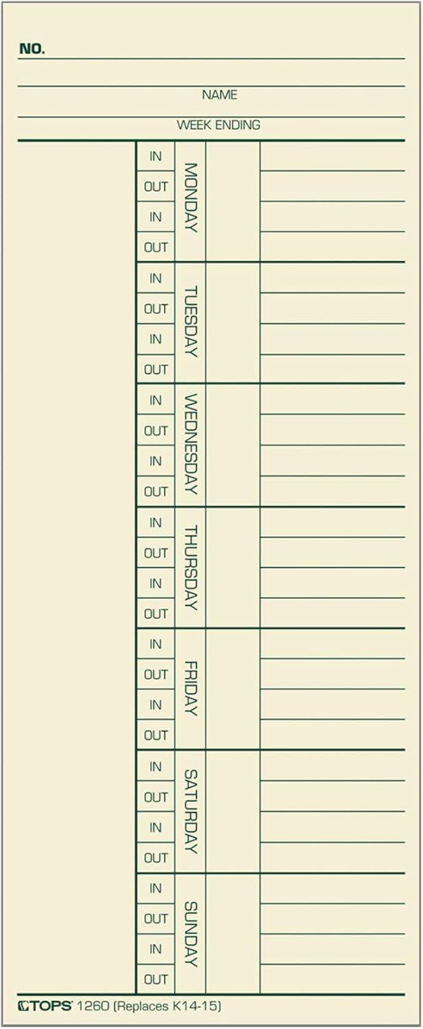 imageTOPS Time Cards Weekly 2Sided Named Days 338quot x 814quot Manila GreenRed Print 500Count 1260338 x 814 Pack of 6