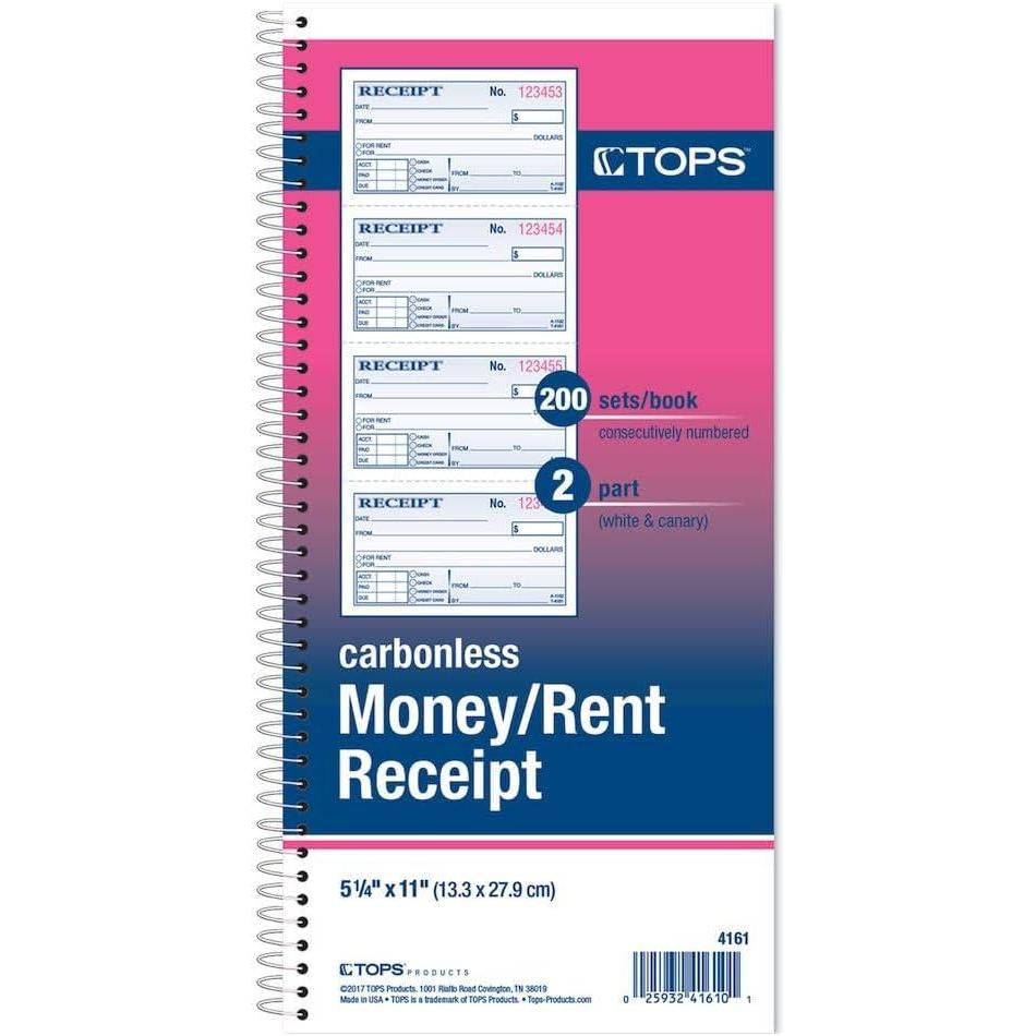 imageTOPS MoneyRent Receipt Book 2Part Carbonless 11 x 525 Inches 4 ReceiptsPage 200 Sets per Book 4161  White