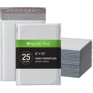 Quality Park Bubble Mailers, 6 x 9 Shipping Envelopes, Water Resistant White Poly Padded Mailers, Redi-Strip Peel Off Closure, 25 Per Box (1002347)(One Size)