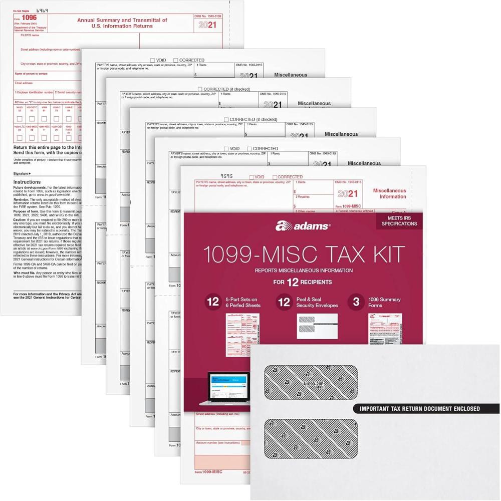 image:imageAdams 1099 MISC Forms 2021 Tax Kit for 12 Recipients 5 Part Laser 1099 Forms 3 1096 Self Seal Envelopes amp Tax Forms Helper Online TXA12521MISC2021 Old Version