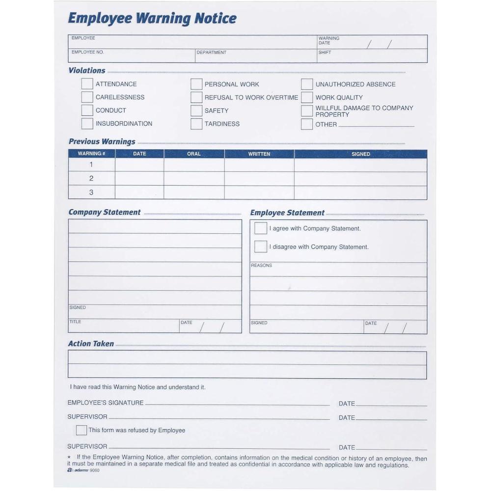 image:imageAdams Employee Warning Notice Form 85 x 11 Inches 2 Pads of 50 Forms 100 Total forms 1Part Each 9060  White