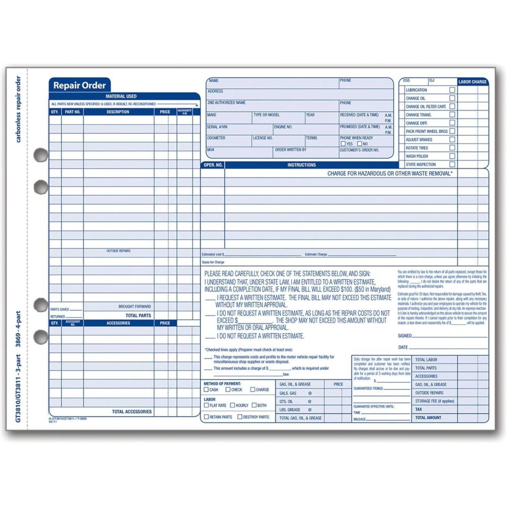 image:imageAdams Garage Repair Order Forms 85 x 1144 Inches 3 Part 50 Sets White and Canary GT381050 Sets