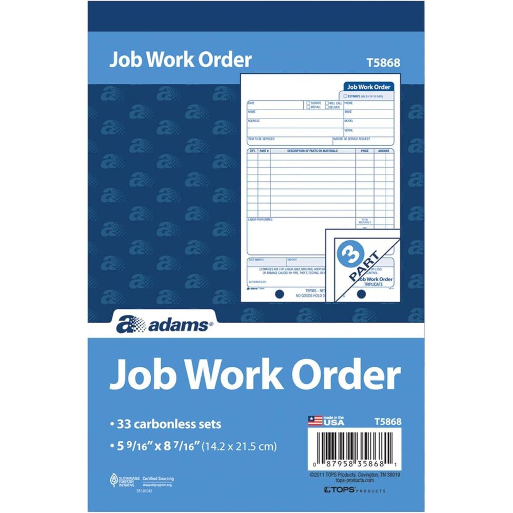 image:imageAdams Job Work Order Book 3Part Carbonless WhiteCanaryWhite 5916 x 8716 Inches 33 Sets T586833 Sets