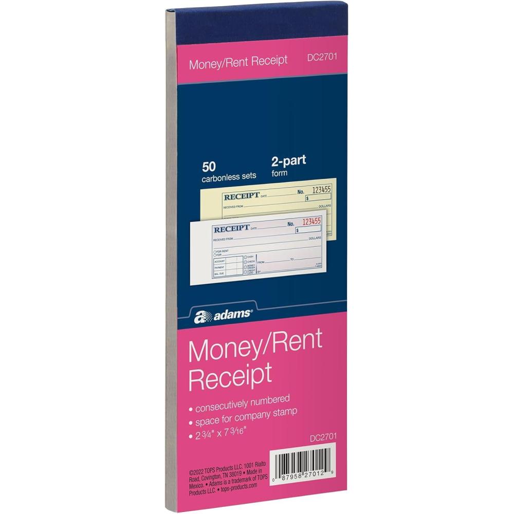 image:imageAdams Money and Rent Receipt Book 2Part Carbonless 275 x 719 Inch 50 Sets White and Canary DC2701
