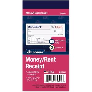 Adams Money and Rent Receipt, 2-3/4 x 5-3/8 Inches, 2-Parts, Carbonless, White/Canary, 50 Sets per Book, 3 Books (DC2501-3)(3 Books (Pack of 12))