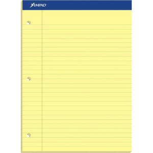 Ampad Writing Pads, 8.5 x 11.75, 2 hole drilled, Wide Ruled, Canary, 50 Sheets (TOP20-221)