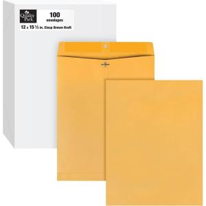 Quality Park 10 x 13 Clasp Envelopes, Clasp and Gummed Closures for Storing or Mailing, 28 lb Kraft Paper, 100 per Box (QUA38197)(12 x 15.5)