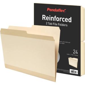 Pendaflex Reinforced File Folders, Extra Durable, Poly Reinforced Edges, Manila, Letter Size, 1/2 Cut Tabs, 24 Per Pack (86221)(1/5 Cut Tabs)