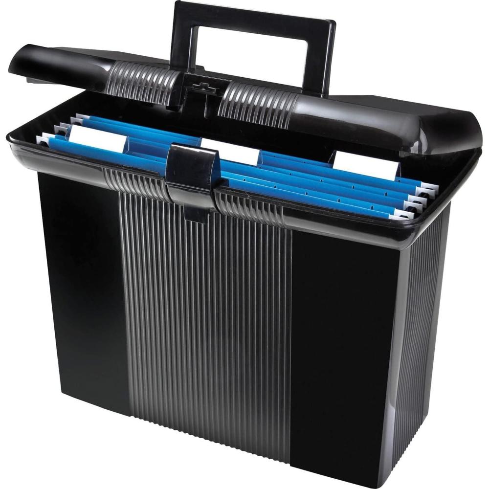 image:imagePendaflex Portable File Box with File Rails Hinged Lid with Double Latch Closure Black Includes 3 Letter Size Hanging Folders 4173211 H x 14 W x 612 D