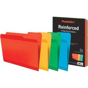 Pendaflex Reinforced File Folders, Extra Durable, Poly Reinforced Edges, Assorted Colors, Letter Size, 1/3 Cut Tabs, 24 Per Pack (86213)