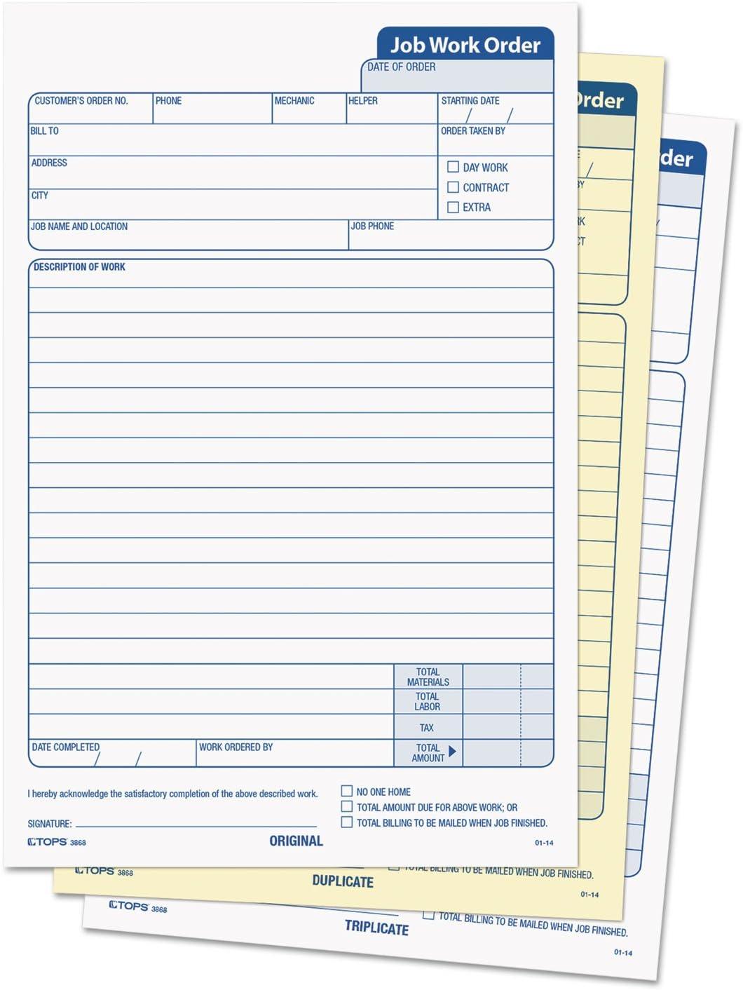 image:imageTOPS 3868 SnapOff Job Work Order Form 5 23 x 8 58 ThreePart Carbonless Pack of 50 Forms