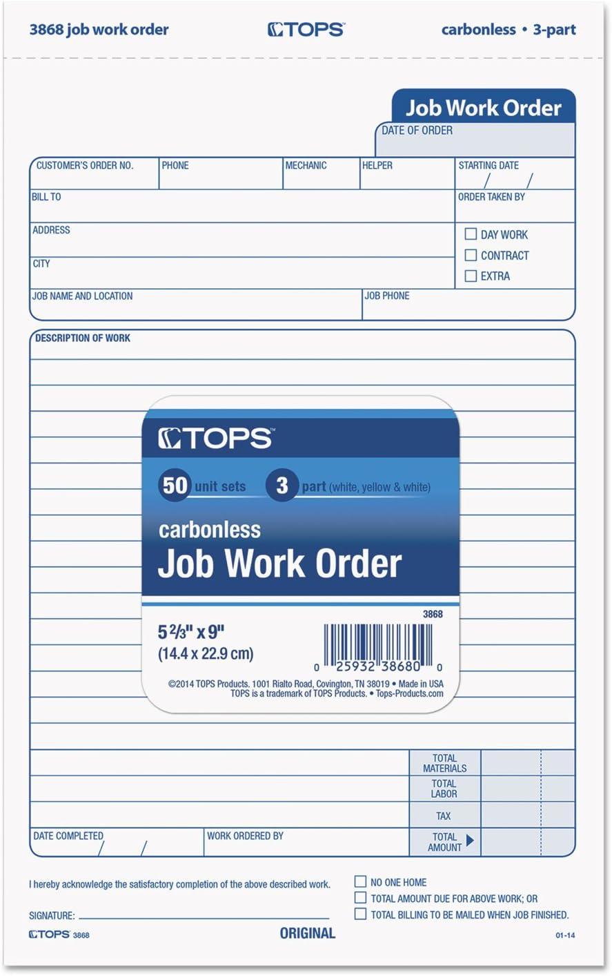 image:imageTOPS 3868 SnapOff Job Work Order Form 5 23 x 8 58 ThreePart Carbonless Pack of 50 Forms