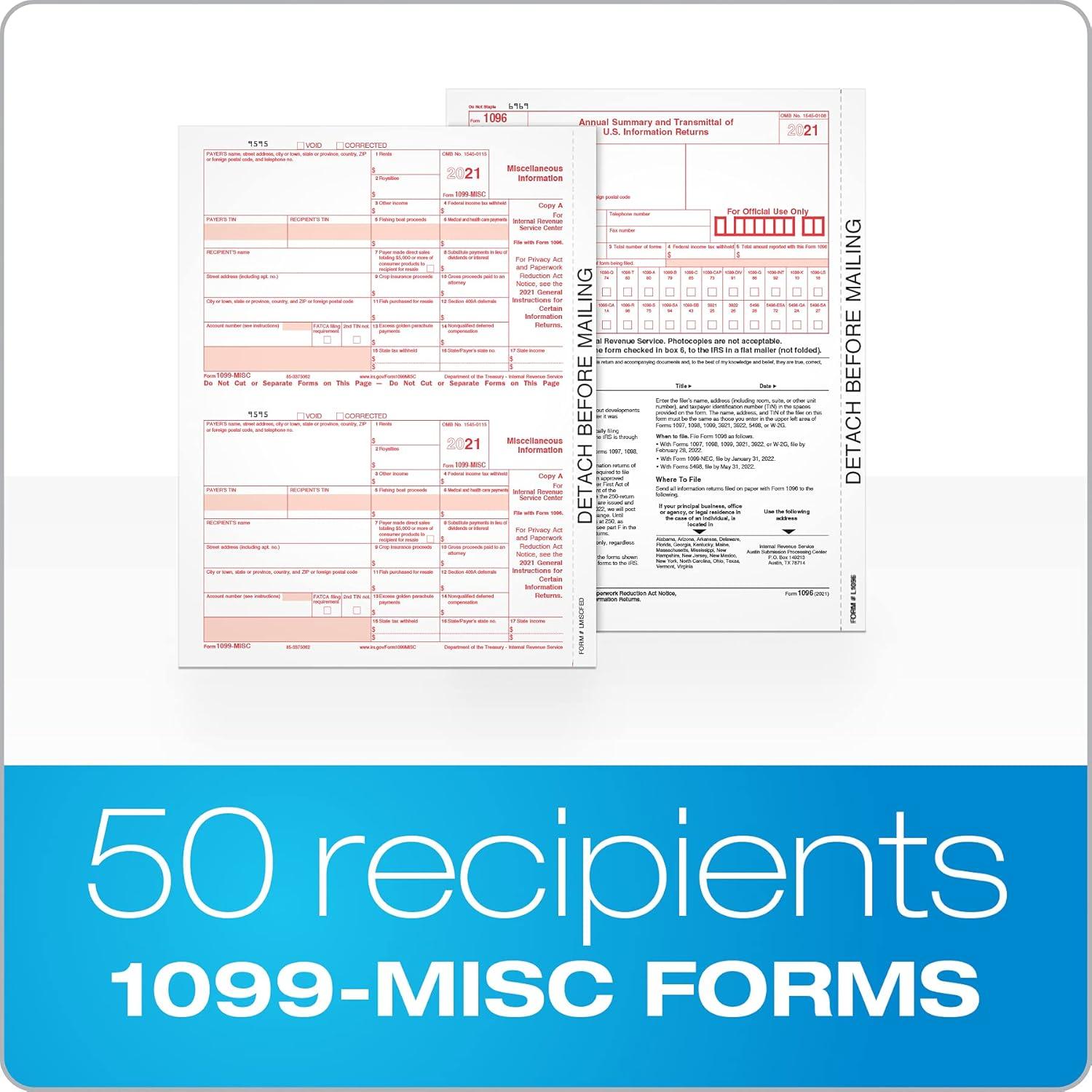 image:imageTops 1099 MISC 2 Up Forms 2021 5 Part 1099 Forms LaserInkjet Tax Form Sets for 50 Recipients Includes 3 1096 Forms TX22993MISC212021 Old Version
