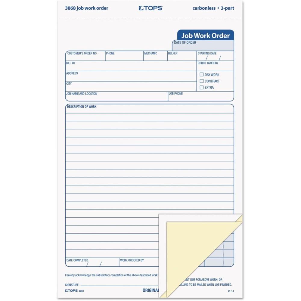 image:imageTOPS 3868 SnapOff Job Work Order Form 5 23 x 8 58 ThreePart Carbonless Pack of 50 Forms