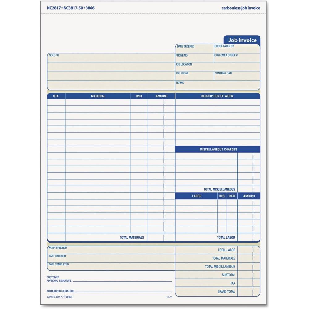image:imageTOPS Job Invoice with Materials List 3Part Carbonless 85 x 11 Inches 50 Sets per Pack 3866