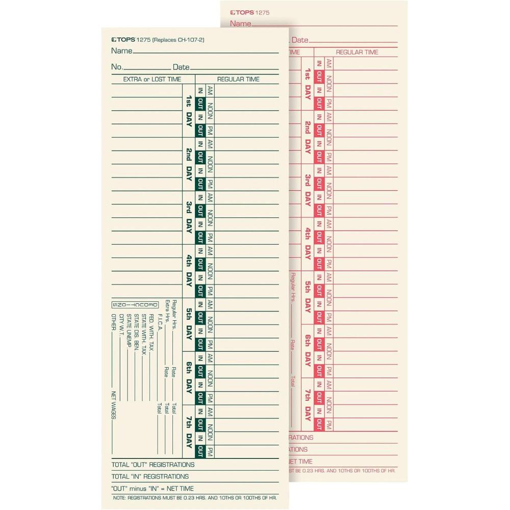 image:imageTOPS Time Cards BiWeekly 2Sided Numbered Days 312 x 9 Manila GreenRed Print 500Count 1275312 x 9