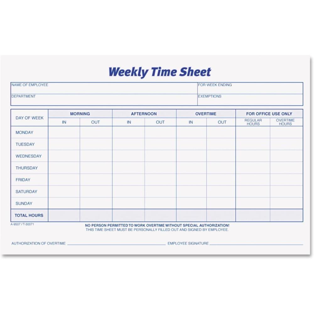 image:imageTOPS Weekly Time Sheets OnePart No Copies 85 x 55 50 FormsPad 2 PadsPack