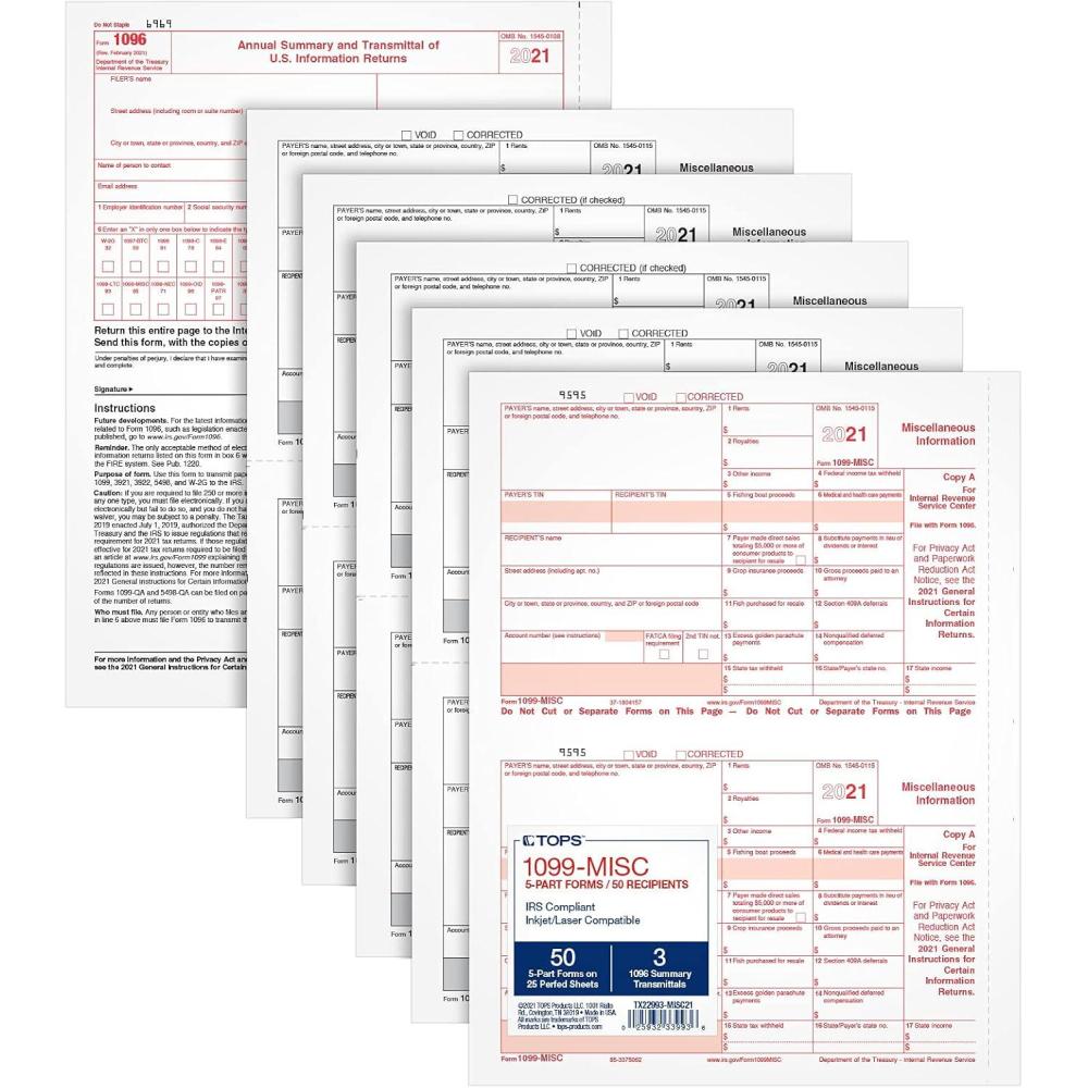 image:imageTops 1099 MISC 2 Up Forms 2021 5 Part 1099 Forms LaserInkjet Tax Form Sets for 50 Recipients Includes 3 1096 Forms TX22993MISC212021 Old Version