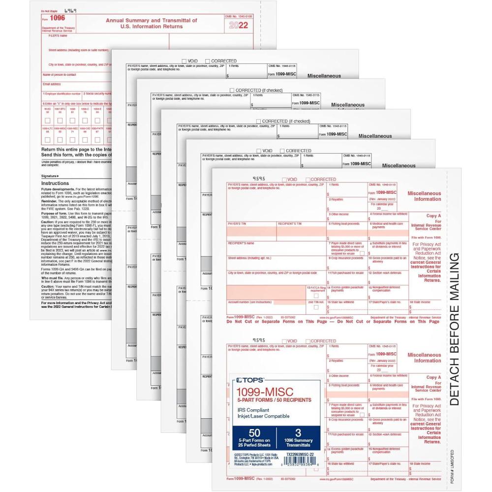 image:imageTops 1099 MISC 2 Up Forms 2021 5 Part 1099 Forms LaserInkjet Tax Form Sets for 50 Recipients Includes 3 1096 Forms TX22993MISC212022