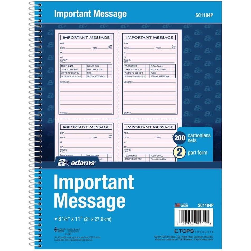 image:imageAdams Important Message Book Spiral 2Part Carbonless PinkCanary 825 x 11 Inches 4 Messages Per Page 200 Sets Per Book SC1184P
