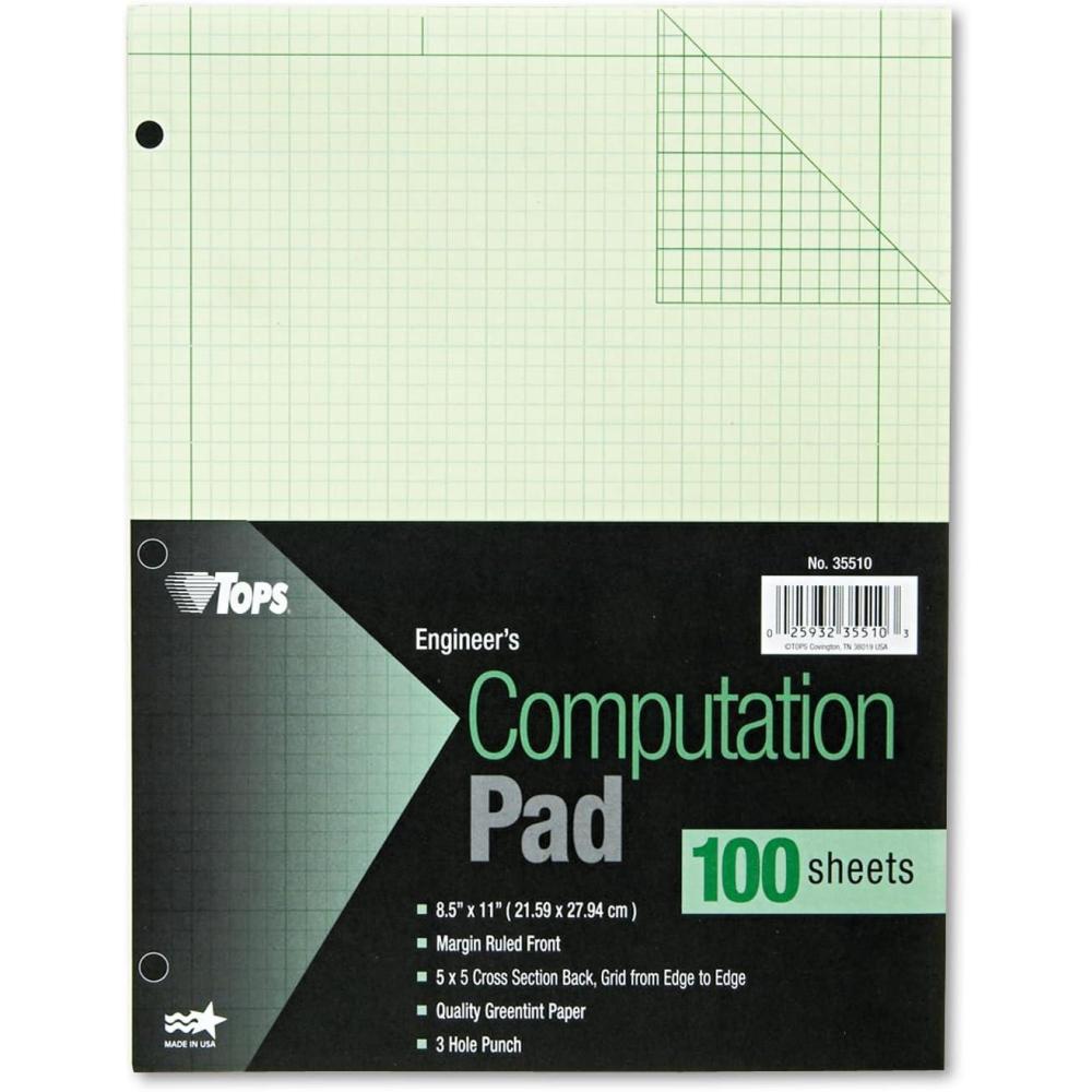 image:imageTOPS Engineering Computation Pad 3Hole Punched 85 x 11 Inches 5 Squares per Inch 100 Sheets Green 35510