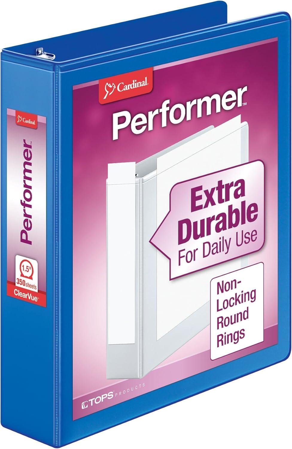 image:imageCardinal 3 Ring Binder Binders for School and Office Durable 3 Inch Performer ClearVue Binder Round Rings 625Sheet Capacity Customizable ClearVue Covers PVCFree Black 67525Blue