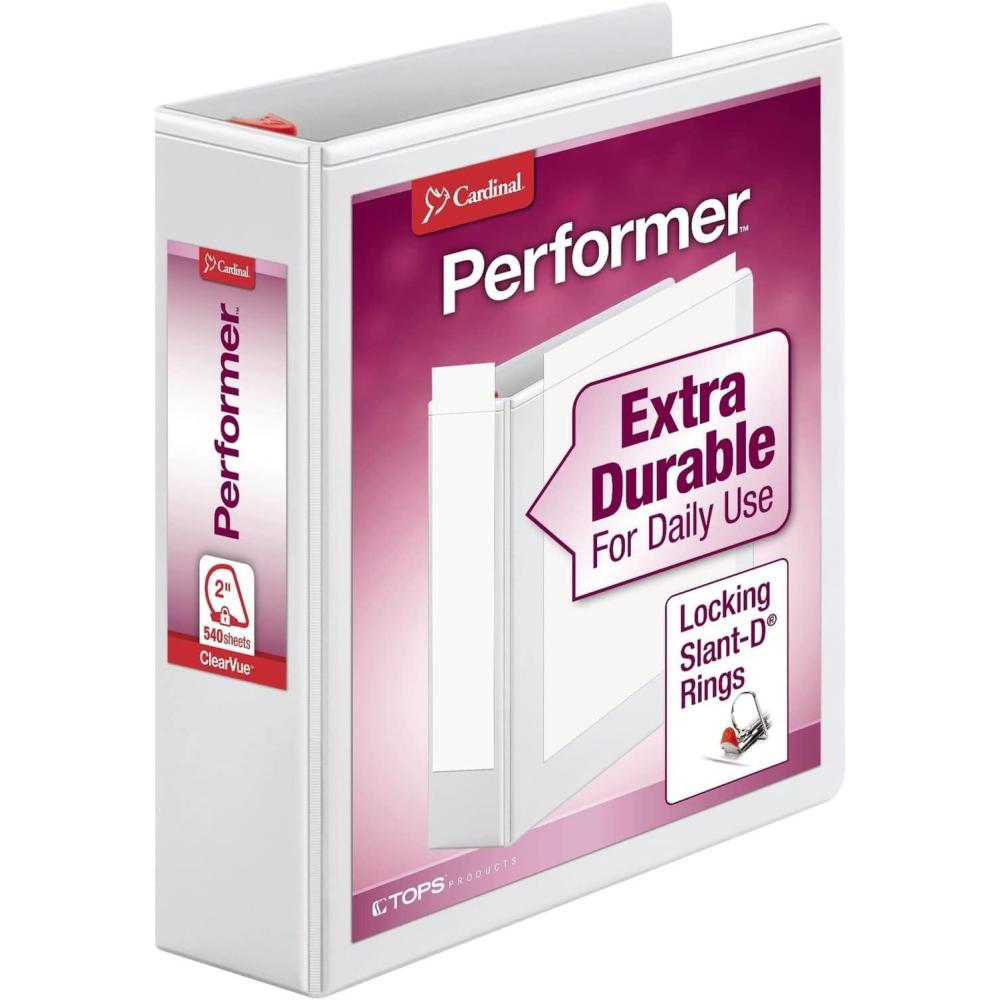 image:imageCardinal Performer 3Ring Binder 4 Locking SlantD Rings 890Sheet Capacity ClearVue Presentation Binder Nonstick PVCFree White 190502Inch