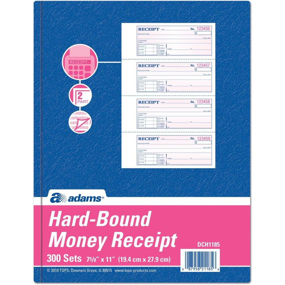 image:imageAdams Hardbound Receipt Book 763 x 11 Inches 2Part Carbonless WhiteCanary 4 Form Sets per Page 300 Sets per Book DCH1185