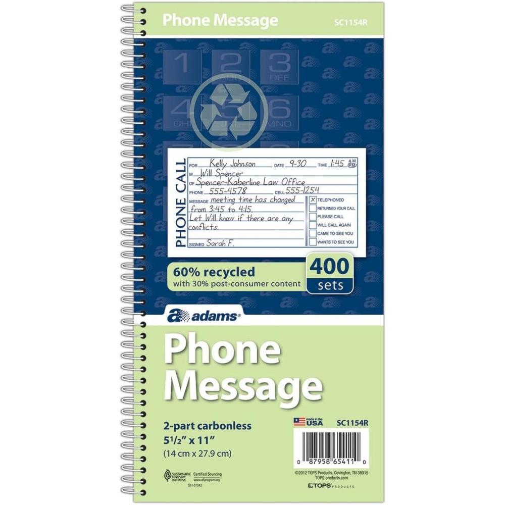 image:imageAdams Recycled Phone Message Book 2Part Carbonless 4 Messages per Page 400 SetsBook SC1154R White