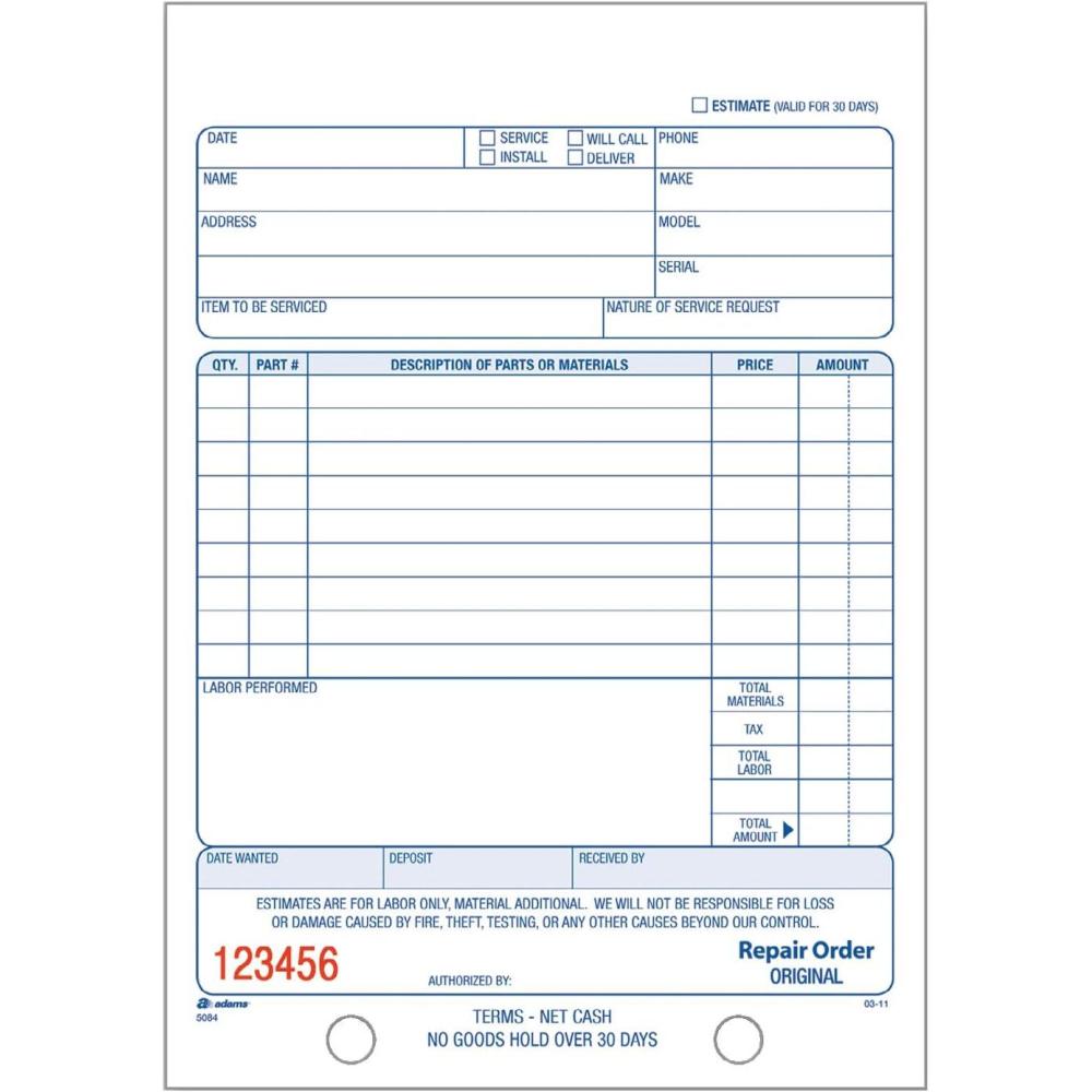 image:imageAdams Repair Order Book 3Part Carbonless WhiteWhiteWhite 5916 x 8716 Inches 50 Sets T508450 Count Pack of 1
