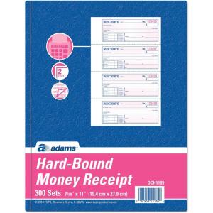 Adams Hardbound Receipt Book, 7.63 x 11 Inches, 2-Part, Carbonless, White/Canary, 4 Form Sets per Page, 300 Sets per Book (DCH1185)