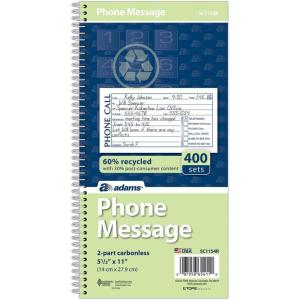 Adams Recycled Phone Message Book, 2-Part Carbonless, 4 Messages per Page, 400 Sets/Book (SC1154R) , White