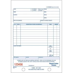 Adams Repair Order Book, 3-Part Carbonless, White/White/White, 5-9/16 x 8-7/16 Inches, 50 Sets (T5084)(50 Count (Pack of 1))