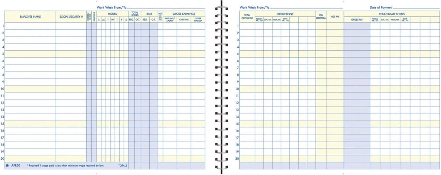 image:imageAdams Weekly Payroll Record 20 Employee Capacity Spiral Binding 11 x 85 Inches White AFR50