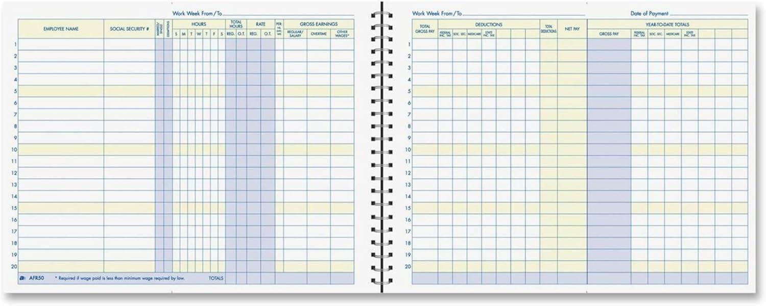 image:imageAdams Weekly Payroll Record 20 Employee Capacity Spiral Binding 11 x 85 Inches White AFR50