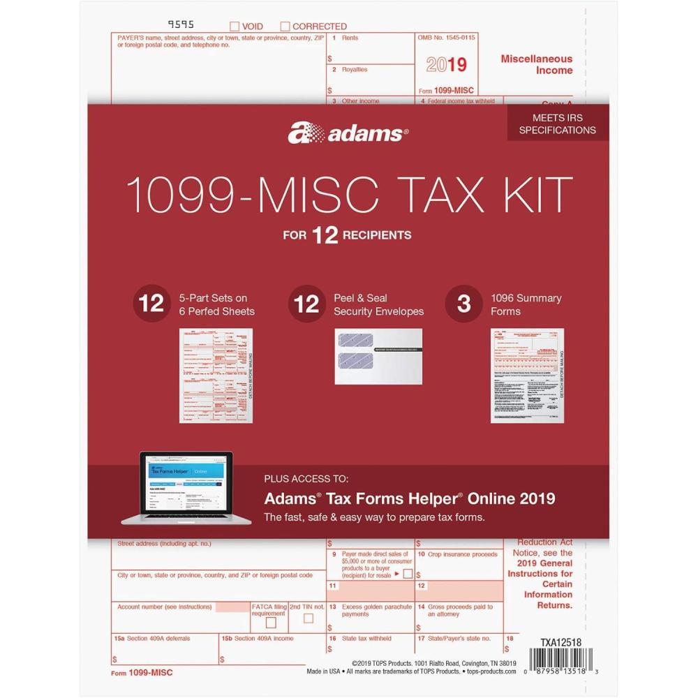 image:imageAdams 1099 MISC Forms 2019 5 Part Tax Forms Kit 12 Recipients Kit of LaserInkjet Forms 3 1096 Summary Forms 12 Self Seal Envelopes Tax Forms Helper Online TXA125182019 Old Version
