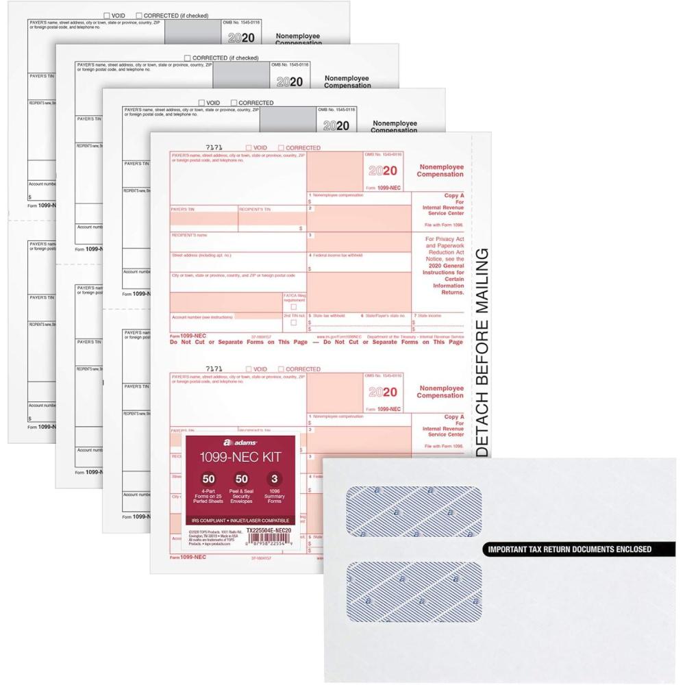 image:imageAdams 1099 NEC Forms 2020 4 Part LaserInkjet 1099 Forms with Self Seal Envelopes for 50 Recipients Includes 3 1096 Forms TX225504ENEC202020 Old Version