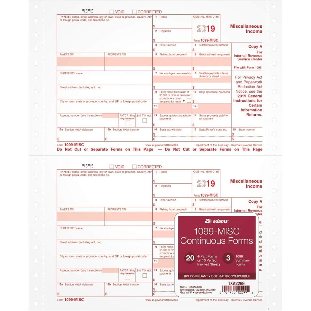 image:imageAdams 1099MISC Continuous Forms for 2019 20 Carbonless 4Part Forms Dot Matrix Compatible 3 1096 Summary Transmittals TXA2299 White