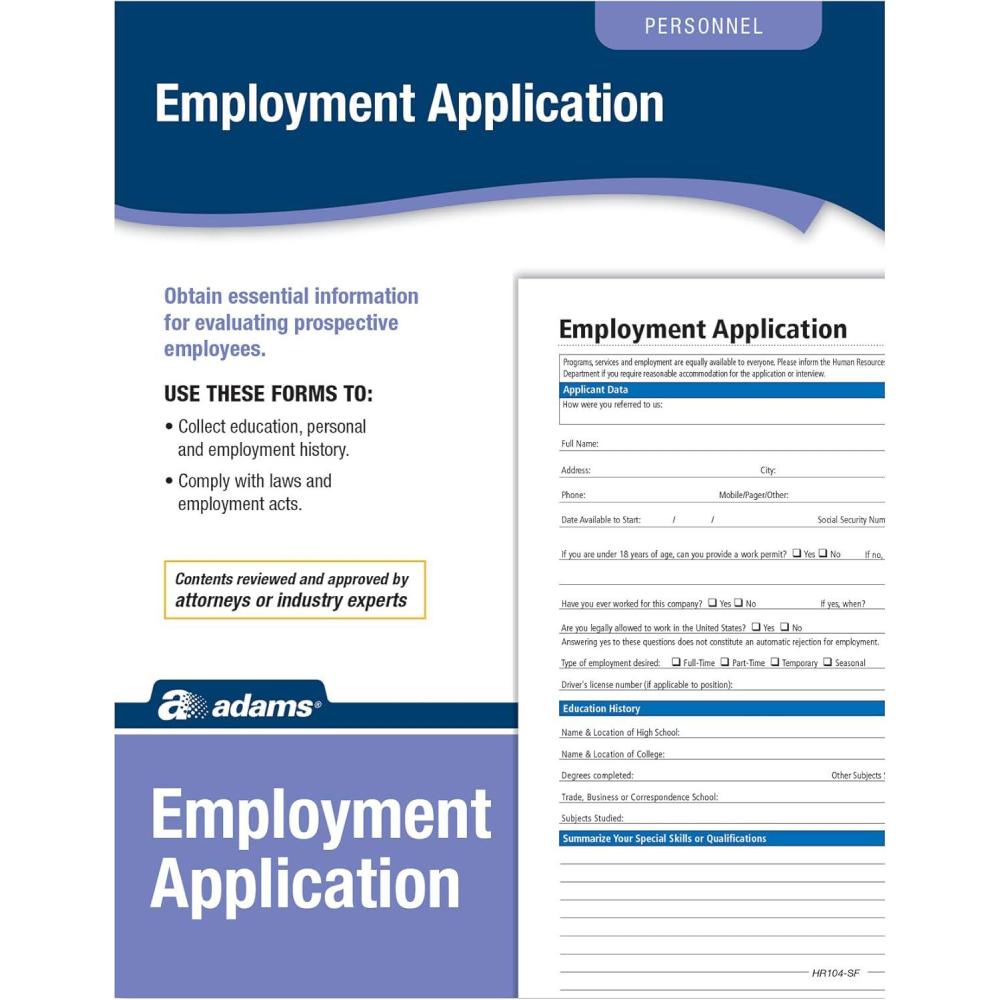 image:imageAdams Application for Employment Forms and Instructions 50 Forms per Pack HR104  White
