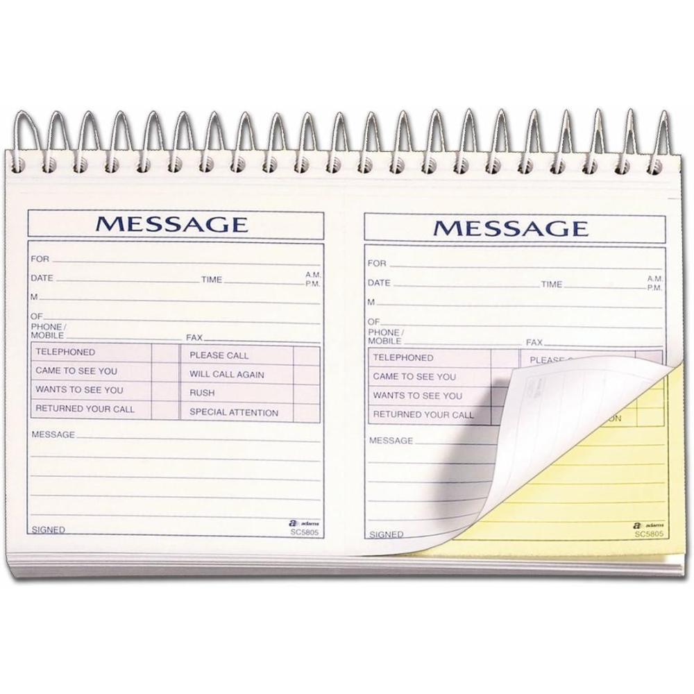 image:imageAdams Phone Message Book 85 x 525 Inch Spiral Bound 2Part Carbonless 2 Messages per Page 200 Sets White and Canary SC5805D