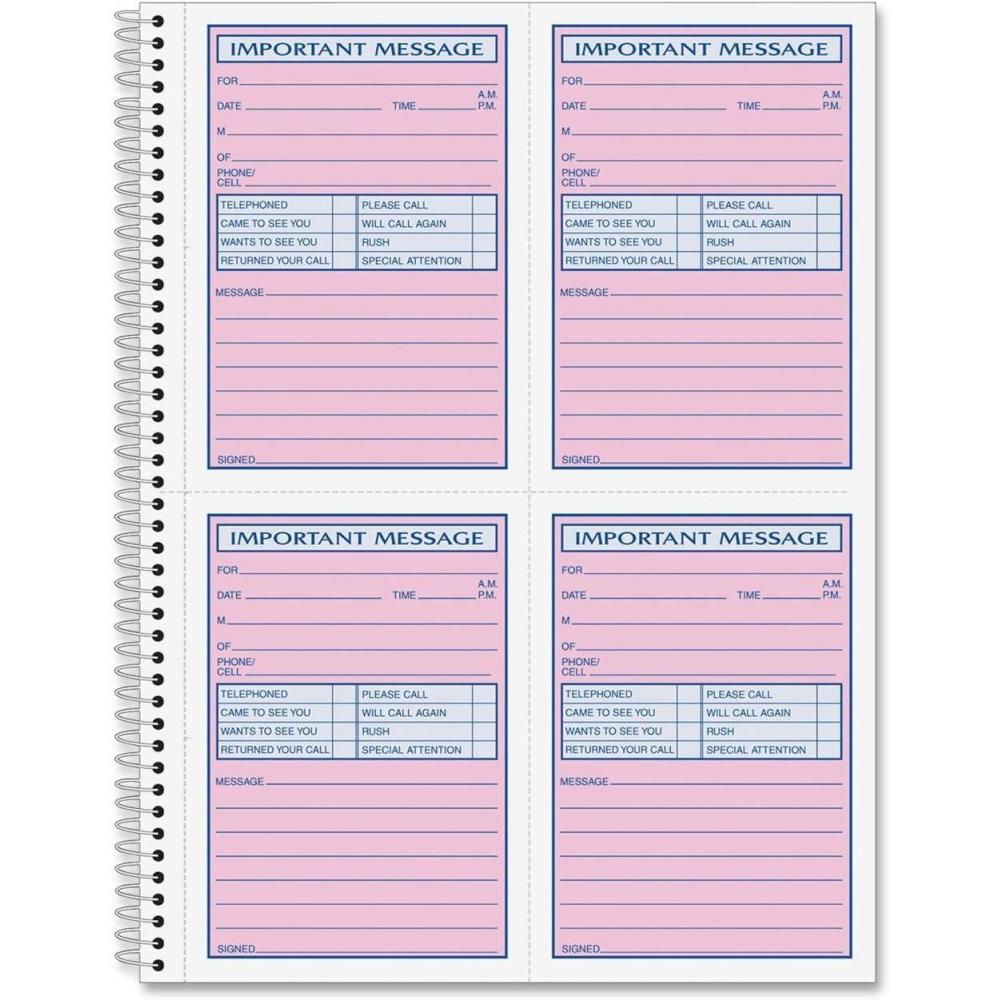 image:imageAdams Spiral Bound Phone Message Book Carbonless Duplicate 4 Messages per Page 200 Sets per Book SC1184D