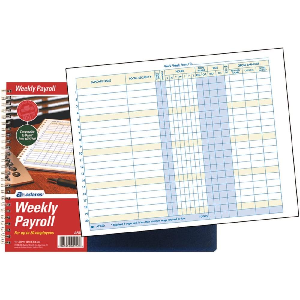 image:imageAdams Weekly Payroll Record 20 Employee Capacity Spiral Binding 11 x 85 Inches White AFR50