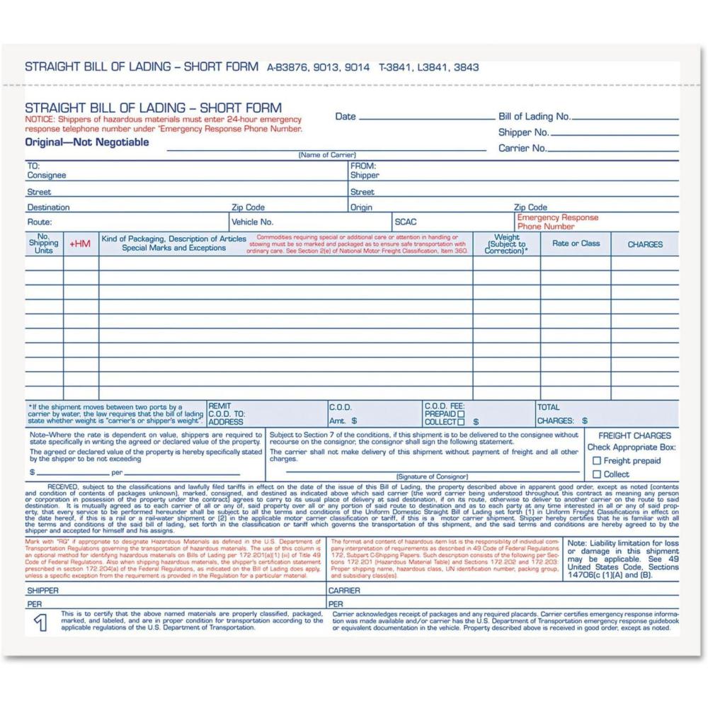 image:imageTops Adams Bill of Lading Form Simplified Format 3 Part Carbonless 85 x 763 Inches 250 Sets per Box White L3841
