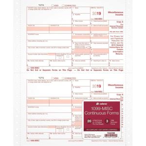 Adams 1099-MISC Continuous Forms for 2019, 20 Carbonless 4-Part Forms, Dot Matrix Compatible, 3 1096 Summary Transmittals (TXA2299), White