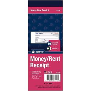 Adams Money/Rent Receipt Book, 2-Part, 50 Carbons, 2-3/4 x 7-3/16 Inches, 50 Sets per Book (D2701)