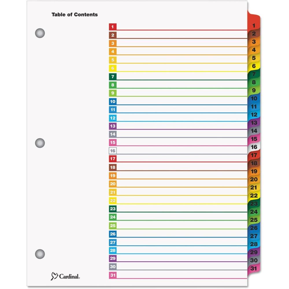 image:imageCardinal OneStep Binder Dividers 31Tab Customizable Table of Contents Reversible Multicolor Tabs Numbered 131 1 Set 60118