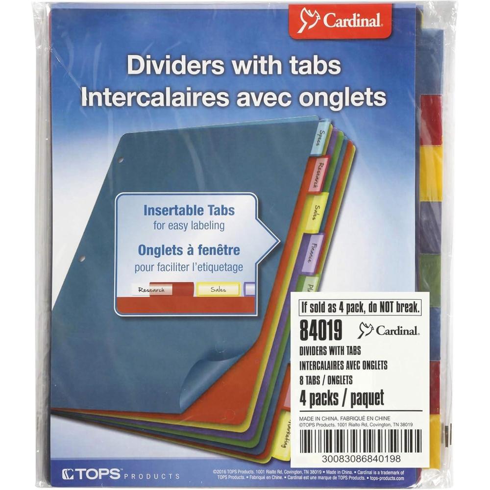 image:imageCardinal Plastic Binder Dividers without Pockets 8Tab Insertable Multicolor Tabs Letter Size 1 Set 84019 812 x 11812 x 11